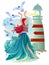 Illustration of marine fairy with seagulls, waves and a lighthouse. Beautiful sea princess. Poster for maritime company.