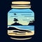 Illustration of a mason jar with the sea in the background generative AI