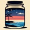 Illustration of a mason jar with a view of the sea and palm trees. generative AI