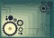 Illustration Of Mechanic Gears Connected To Each Other Performing Work. Drawing Of Cogwheels Attached On Sides Acting