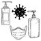 Illustration of medical mask, bottles of disinfection liquid, bacteria of coronavirus covid-19.