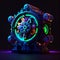 An illustration of a mesmerizing gear mechanism with vibrant neon illumination, showcasing the intricate interplay of