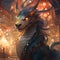 Illustration of metal dragon on the background of fire. New Year\\\'s celebrations