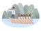 Illustration metaphor of teamwork business work. The symbol of the boss leading the corporation forward. Company on a boat led by