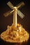 illustration of model of golden windmill that stands on gold bars on black background. green energy