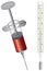Illustration of a model of a medical syringe with red liquid and a mercury thermometer