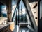 illustration of a modern concrete and wood bathroom in a mountain chalet with a high ceiling