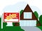 Illustration of a modern house, next to a billboard with the text SALE and sticker sold