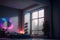 Illustration of modern minimalistic bedroom with colourful light decoration on the wall, created with Generative AI