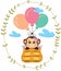 Illustration with monkey flying in basket with balloons inside a oval leaves border