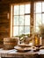 illustration of a morning in the interior of a rustic country house kitchen