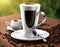 Illustration of morning white, cup of coffe, very detailed, realitic, coffe grain in the background, table, AI Generated