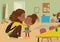 Illustration of a Mother Gives a Goodbye Kiss to her daughter. Mum Gives Kiss to the child at the school door. Preschool