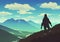 Illustration of A Mountain climber\\\'s silhouette against stunning mountain backdrop