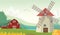 Illustration of Mountain countryside farm barn with windmill