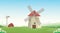 Illustration of Mountain countryside farm barn with windmill