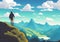 Illustration of a mountain Hiker silhouetted against a stunning mountain backdrop with a blue sky and white clouds