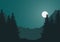 Illustration of mountain landscape with forest, trees and hills, under night green sky with full moon and space for text, vector