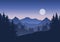 Illustration of mountain landscape with forest under blue morning or evening sky with moons, sunrise or sunset