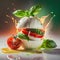 Illustration of mozzarella with tomatoes and basil leaves with splashes of olive oil. Generative AI