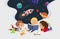 Illustration of multiracial kids sit in a circle on the floor and read the astronomy book. Imaging space, rockers stars