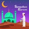 Illustration of a Muslim bring lamp and walking to the mosque. Ramadan kareem illustration with muslim people