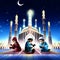 Illustration of muslim kids praying in front of mosque at night Generative AI