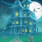 Illustration of a mysterious haunted house on a moonlit night
