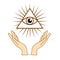 illustration of mystical goddess hands,evil eye, celestial symbols of moon phase. Esoteric, spiritual, wicca occult