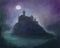 Illustration of a mythical mysterious castle standing on a rock under the light of a full moon. Abstract foggy dark picture