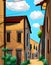 A Illustration of a narrow village street with warm-colored houses, greenery, and a blue sky