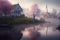 An Illustration of New England style village in spring time with morning mist , AI-Generated image