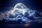 illustration of the night sky, the moon shining through the clouds. Generative AI
