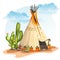 Illustration of the North American Indian tipi home with cactus and stones