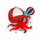Illustration of Octopus Wears A Hat While Throwing the Ball Cartoon, Cute Funny Character, Flat Design