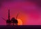 Illustration of oil platform on sea and sunset in background. Vector