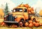 Illustration of old agricultural truck surrounded by many pumpkins. AI generated