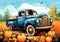 Illustration of old agricultural truck surrounded by many pumpkins. AI generated