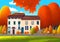 Illustration of Old Homes Surrounded by Orange and Green Trees and a Blue Sky: Autumnal Charm