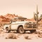 Illustration of an Old rusty vintage pickup in the middle of the desert.