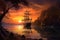 Illustration with an old sailing ship set sail in a sunset or sunrise among the mountains