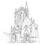 Illustration of an old stone cathedral in a medieval French town. Fairyland kingdom. Black and white page for kids coloring book.