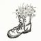 An illustration of old vintage boots filled with wild wild meadow flowers. A design that inspires hiking, admires nature.