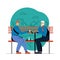 Illustration of older male friends playing chess on bench outside