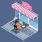 Illustration of online shopping concept. Opened laptop with awning, girl manager behind the counter