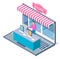 Illustration of online shopping concept. Opened laptop with awning, girl seller behind the counter