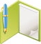 Illustration of a open green notebook page with blue fountain pen on white background.