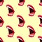 Illustration of open mouth. Painted lips red lipstick. Seamless pattern.