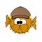 Illustration of Orange Puffer Fish Wear Hat Cartoon, Cute Funny Character, Flat Design