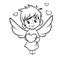 Illustration of outlined baby cupid hugging a heart . Cartoon coloring illustration